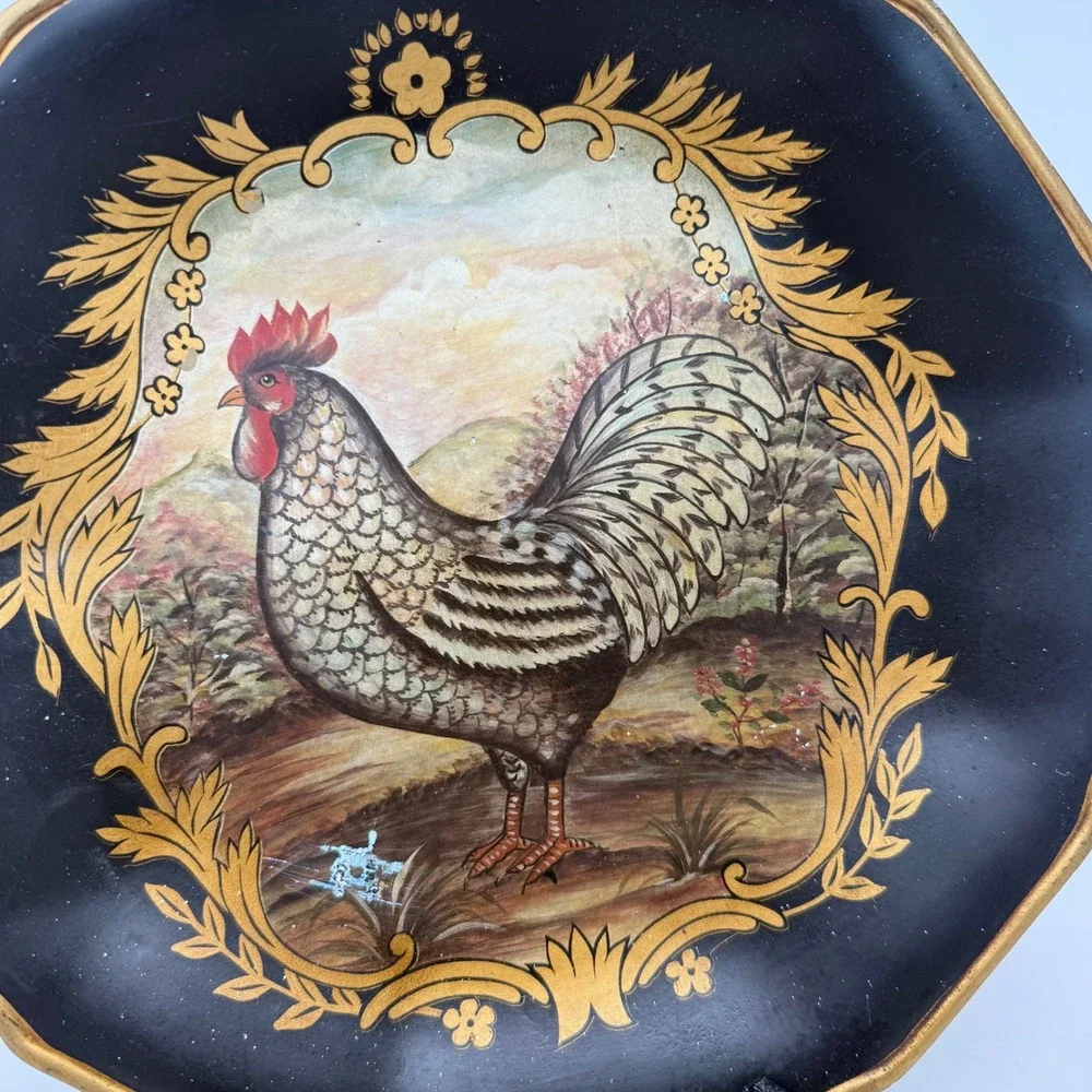 Vintage Rooster Decorative Display Plate Black Gold Scalloped Edge 12 Inch Stand